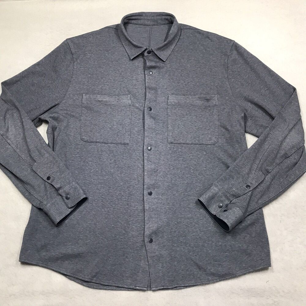 LULULEMON Soft Knit Overshirt Men 2XL Gray Snap Up 4 Way Stretch Jacquard Fabric